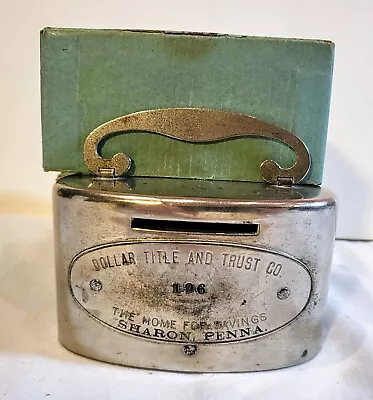 Vintage  DOLLAR TITLE AND TRUST   SHARON PENNA PA. Metal Coin Bank W/ Key & Box • $35