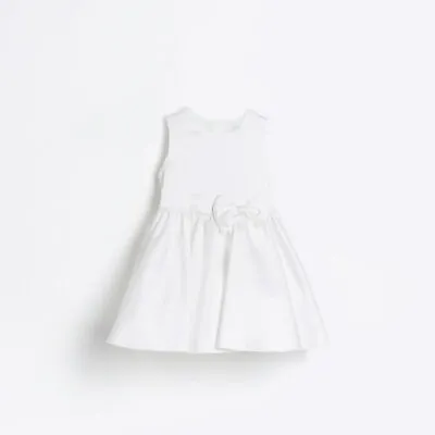 River Island Girls Skater Dress White Satin Bow Sleeveless Button Cut Out Detail • £10