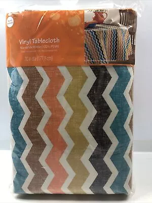 RETRO MCM Vinyl Tablecloth Orange/Teal/Brown Chevron 70  Round NOS • $22.95