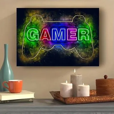 Playstation Neon Gamer Urban Gaming SINGLE CANVAS WALL ART Picture Print • £20