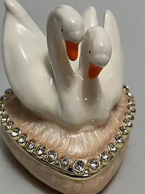 2 Swans Sitting On Enamel Heart Trinket Box W/ Crystals  • $11.50