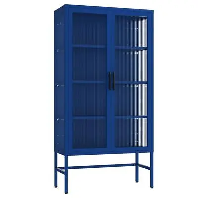 Double Glass Door Storage Cabinet With Adjustable Shelves And Feet Blue • $264.69