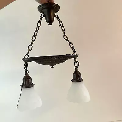 Antique 2 Light Ceiling Hanging Fixture Glass Shades Bronze Finish • $195