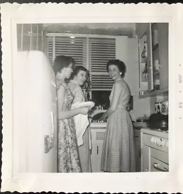 Vintage Snapshot Photo Women Smiling Doing Dishes Kitchen Fridge 1958 3 X 3” • $7.99