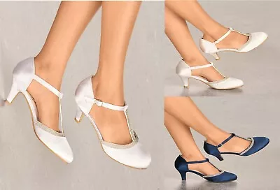 £26.99 • Buy Ladies Satin Diamante T-strap Low Kitten Heel Ankle Strap Bridal Wedding Shoes