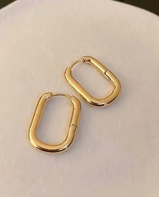 18ct Solid Gold Rectangle Frame Hoop Earrings - 18K Au750 Shiny Large Gifts • £188