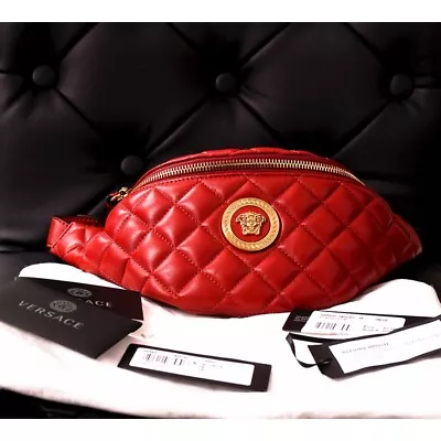 NEW $1300 VERSACE Red Quilted Lambskin Leather MEDUSA HEAD LOGO Classic BELT BAG • $1004.36