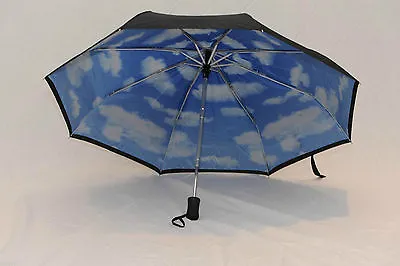 New Umbrella Compact Automatic Sturdy Travel Black With Blue Sky / White Clouds • $15.99