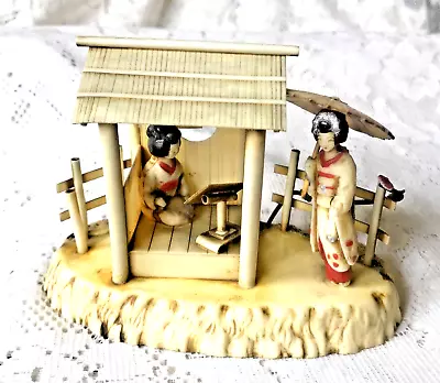 Miniature Plastic Japanese Geishas In Garden Diorama 8cm Tall • £18