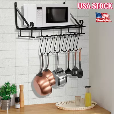 Kitchen Hanging Pot Rack Utensil Saucepan Pan Shelf Organiser With10 Hanger Hook • $17.89