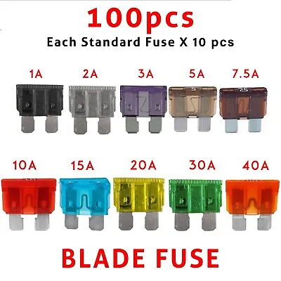 100 Pc Standard Blade Car Fuse Set Automotive Fuse 1-40 Amp Fuse Assortment Kit • £6.49