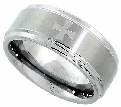 Tungsten Carbide Ring Men Wedding Band Etched Maltese Crosses Recessed Edge 9mm • $25.58