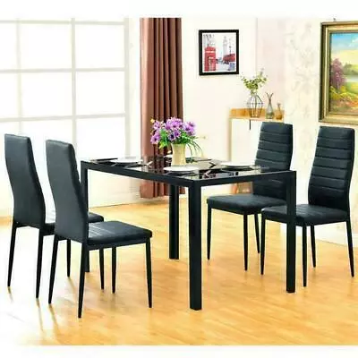 5Pcs Dinning Kit Tempered Glass Table +4 Leather Cushined Dining Chair Furniture • $366.59