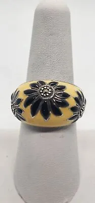 925 Sterling Silver With Enamel Band Flowers & Marcasite Ring Size 8 • $55