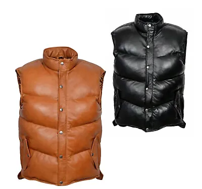 Men's Genuine Soft Lambskin Leather Bubble Puffer Vest Black & Tan  Size Xxs~3xl • $97.99