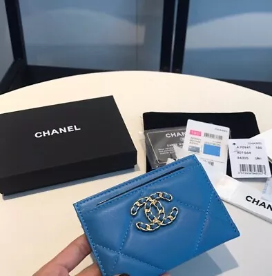 Credit Compact Leather Card Holder Chanel With A Logo CC Women Blue • $320