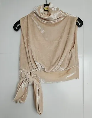 Design Locker Gold Beige Velvet Sleeveless High Roll Neck Crop Tie Waist Top S/m • £3.50