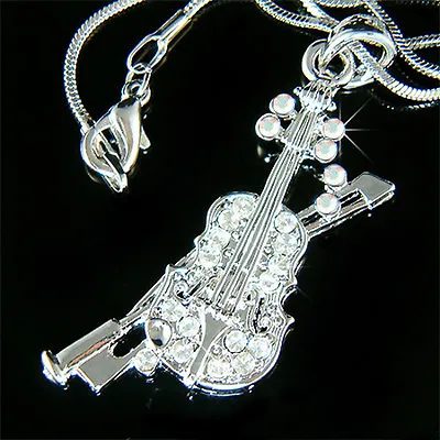 ~VIOLIN Bow Made With Swarovski Crystal Fiddle Music Musical Chain Necklace XMAS • $41