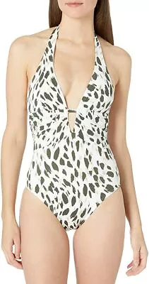 La Blanca Plus V-Front Keyhole Halter One Piece Swimsuit Olive Petals Green 22W • $23.39