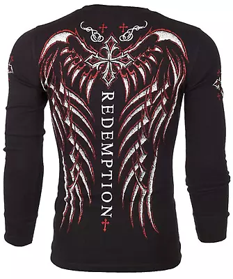 Archaic By Affliction Men's Thermal Shirt SPINE WINGS Black Biker S-3XL • $27.95