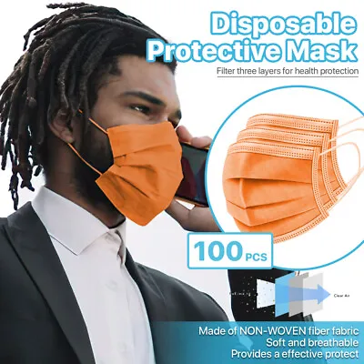 [Orange] 100 Pcs Disposable Face Masks 3-Ply Non Medical Surgical Earloop Cover • $9.99
