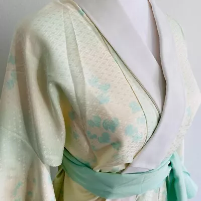 Baby Blue Kojitsunagi Rinzu Silk Nagajuban Vintage Japanese Kimono Robe Custome • $89.99