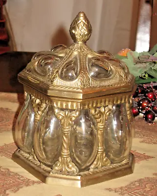 $43 • Buy Vintage Boroque Hand Blown & Brass Caged  Bubble Glass Lidded Apothecary Jar