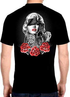 Mens Tattooed Marilyn Monroe Gangster With Red Roses Biker Tee Shirt • $24.30