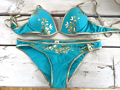 Moschino Mare TURQUOISE GOLD LAME FLOWERS Bikini Swim Suit Use 36/L NEW • $299