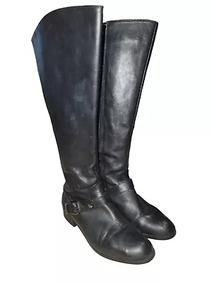 Me Too Arctic Black Riding Moto Leather Knee High Wide Calf Zip Boots Sz 7.5 M • $34.99