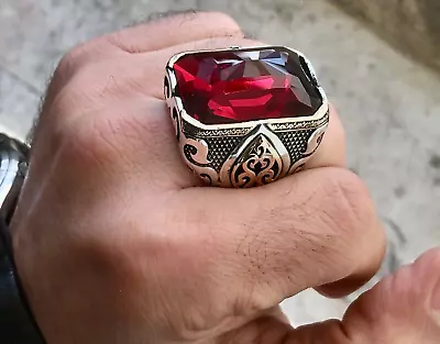 Sterling Silver Mens Chunky Ring Red Zirconia Turkish Handmade  Jewelry • $145