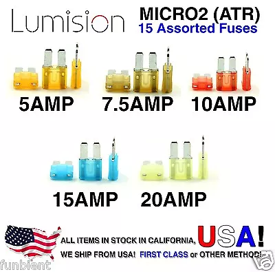 Automotive Micro2 ATR Fuses Assorted 15 Pcs Lumision 5A 7.5A 10A 15A 20A Pack • $9.99