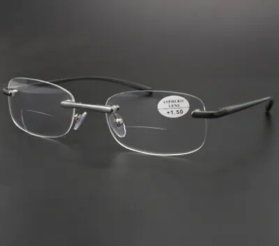 Rimless Bifocal Reading Glasses 1.0 1.5 2.0 2.5 3.0 Metal Readers Rectangle Mens • £7.78