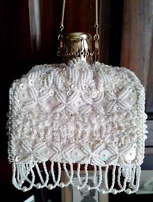 Vintage White Beaded Square Purse W/Expanding Opening • $17.99