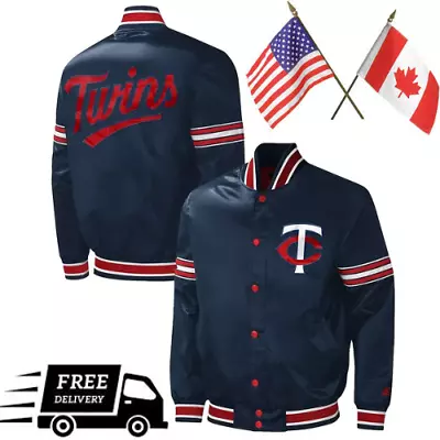 Minnesota Twins Midfield Varsity Navy Blue Satin Baseball Jacket For Men Women • $98.99