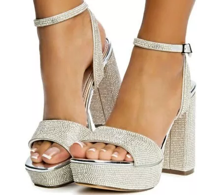 Platforms Chunky Open Toe Rhinestone Glitter Heels - Silver • $19.99