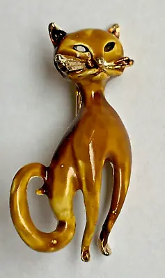 Vtg Mod Enamel CAT PIN Kitten Brooch Brown Gold Siamese Art Nouveau Retro Kitty • $49.99