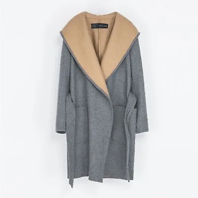 Zara Wool Blend Camel Gray Wraparound Hooded Coat MEDIUM • $70