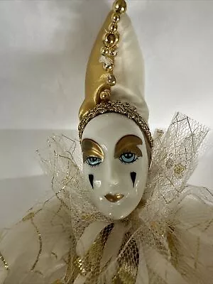 VINTAGE 18  Harlequin Mardi Gras Jester Clown Porcelain Doll White Gold Stripes • $45.99