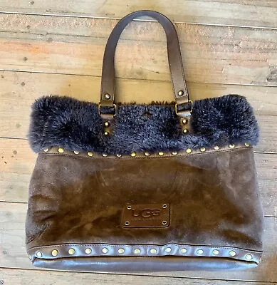 Ugg Australia Shoulder Bag 100% Leather Brown Dyed Shearling Sheepskin Trim • $27.99