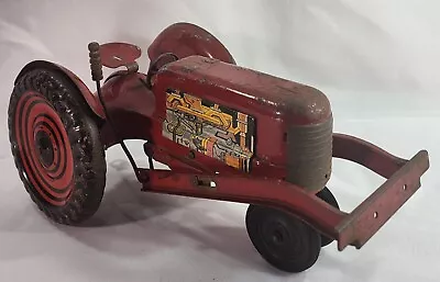 Vintage Marx Tin Lithograph Toy Tractor With Bulldozer Scraper RED Works GREAT • $67.20