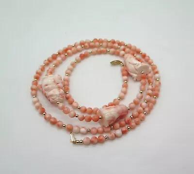 Vintage Estate Carved Coral Buddha Bead Necklace 37  • $325