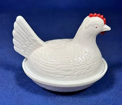 Vintage Indiana Glass White Milk Glass Chicken Hen On Nest Covered Candy Dish • $5