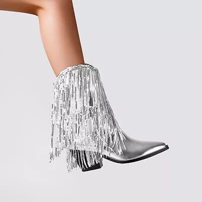 2023 Women Sequin Tassel Pointed Toe Chunky High Heel Boots Dress Mid Calf Boots • $92.89