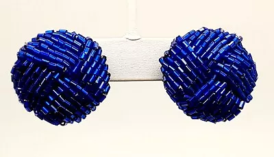 Vintage Round Knot Shape Royal Blue Color Bead Button Clip On Fashion Earring • $6.99