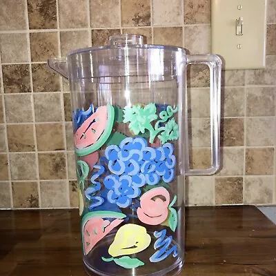 Vintage Plastic Pitcher 2.2 Quart W/ Overall Fruit Design  Has Lid In Box • $12.95