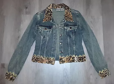 Vintage 90s Y2k Leopard Print Faux Fur Jean Jacket Denim Coat Women's Size 6 • $29.99