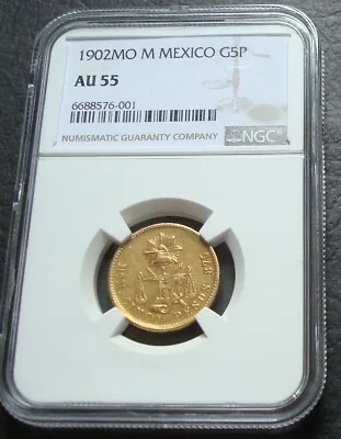 1902 MOM Mexico RARE $5 Pesos Gold NGC AU55 • $1697