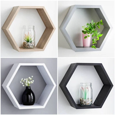 Hexagon Floating Wall Shelf Shelves Space Storage Home Decor Assorted Colours • £15.99