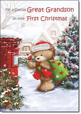 Doodlecards Great Grandsons First Christmas Card Cute Bear At Post Box • £3.49